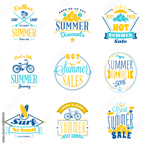 Set of summer sale promotional emblem design. Typographic retro style summer advertising badges for banner or poster. Blue and yellow color theme. Isolated on white. Vector illustration