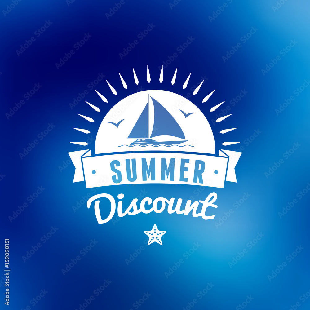 Summer sale banner. Typographic retro style summer poster with textured blurred blue background. Summer discounts and special offers. Vector illustration
