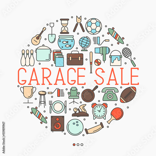 Garage sale or flea market concept in circle with text inside. Thin line vector illustration.