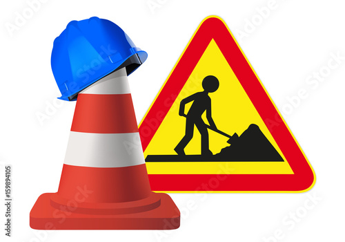 chantier - panneau de chantier - casque de chantier - cône - signalisation - BTP
