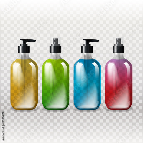 Mockup template for branding and product designs. Isolated realistic transparent glass bottles with dispenser spray and unique design. Easy to use for advertising branding and marketing.