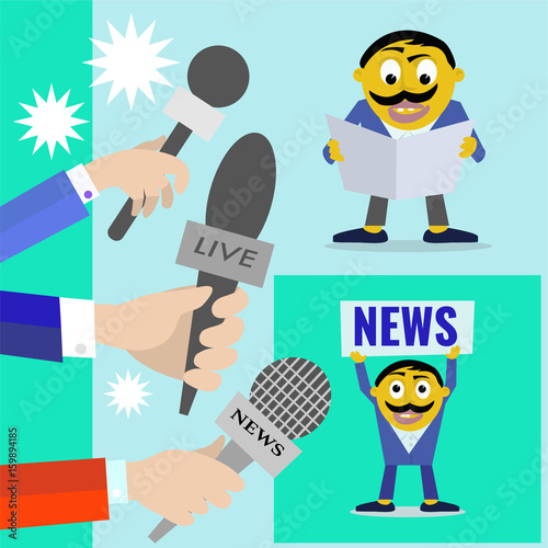 Reporters with microphones of radio and television, news program concept.