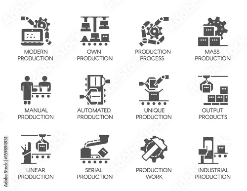 Big set of icons in flat style of automatic and manual production. 12 black web graphic pictograms. Symbols of business, modern machinery equipment concept. 64x64 Pixel Perfect