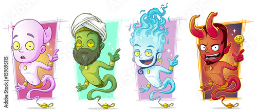 Cartoon magic jinns with lamp character vector set