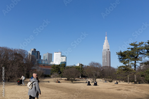 Shibufu park with blue sky in winter near Meiji Jingu shrine, people can see NTT Docomo Yoyogi building from here photo