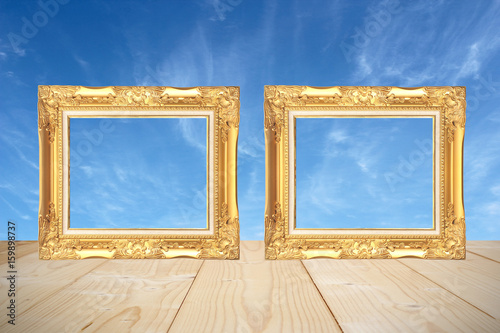 wooden frame with wooden planks and Blue sky background