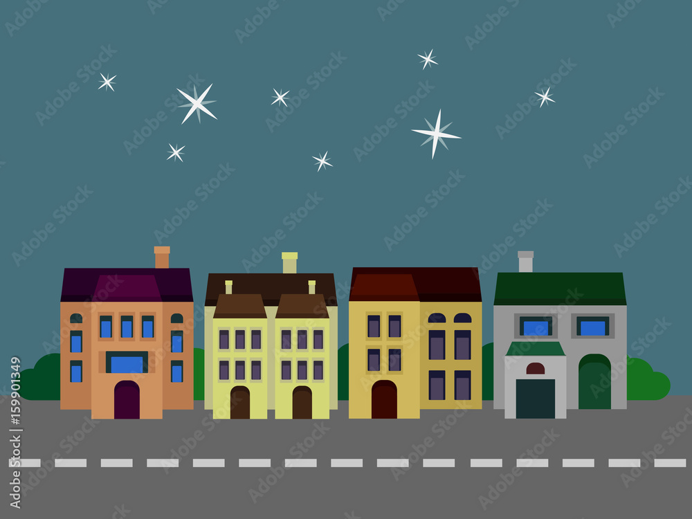 Cityscape with houses and road, background of night sky and stars