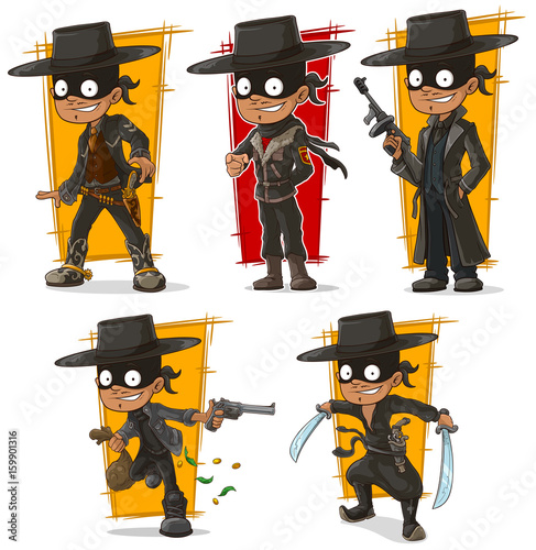 Cartoon bandit in black mask character vector set