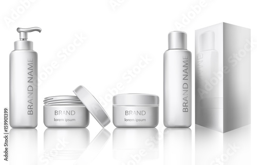Vector illustration of a realistic style of white plastic cosmetic containers. Bottle with dispenser and without it for shampoo, shower gel, lotion, moisturizer and jar for cream, mask