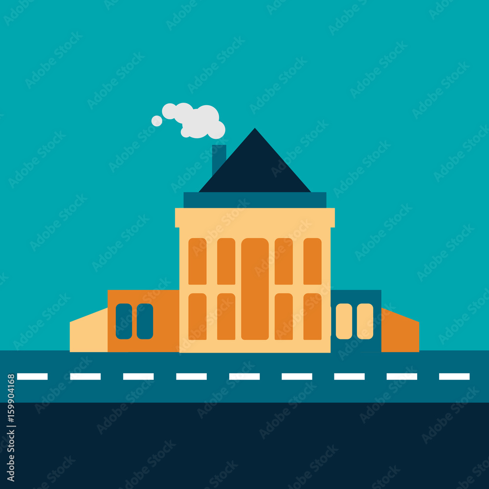 Illustration of a bright colored factory on bright orange and blue background