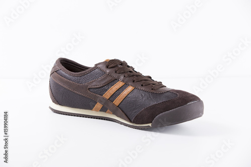 Male Brown Sneaker on White Background, Isolated Product, Top View, Studio.