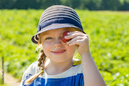 adorable school age girl holding strawberry from picking at farm in springtime 