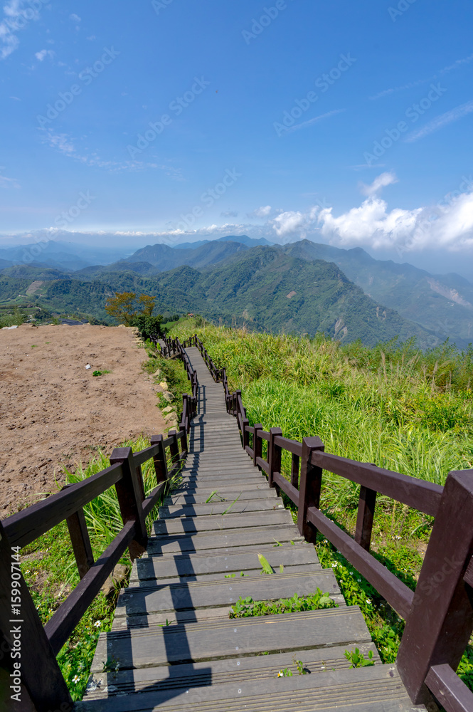 Stairs going down from the topview on the mountain in Taiwan, Eryanping trail.