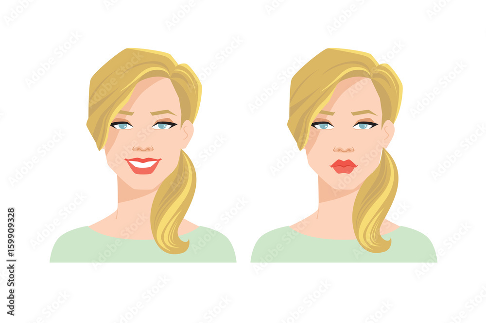 Vector illustration of pretty woman's face with different emotions. Vector illustration of pretty woman's face with different emotions.