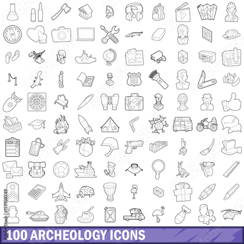 100 archeology icons set  outline style