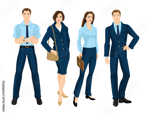 Vector illustration of business people isolated on white. Young woman in blue dress holding case in her hand. Business man in formal blue suit.  photo