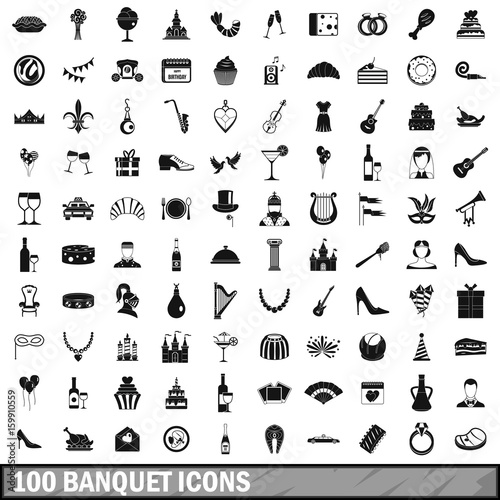 100 banquet icons set, simple style 