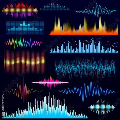 Vector digital music equalizer audio waves design template audio signal visualization illustration.