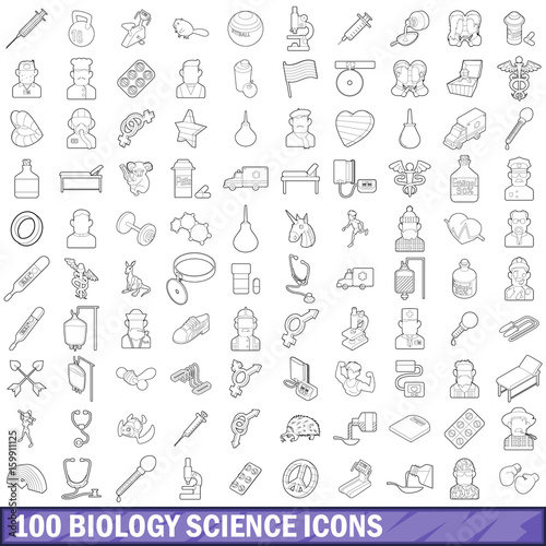 100 biology science icons set, outline style