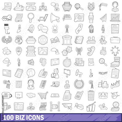 100 biz icons set, outline style