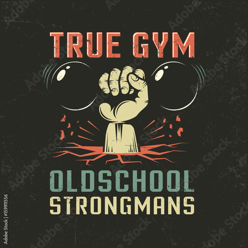 Vintage logo for athletic club or gym. Hand with dumbbells. Worn textures on a separate layer. Vector illustration.