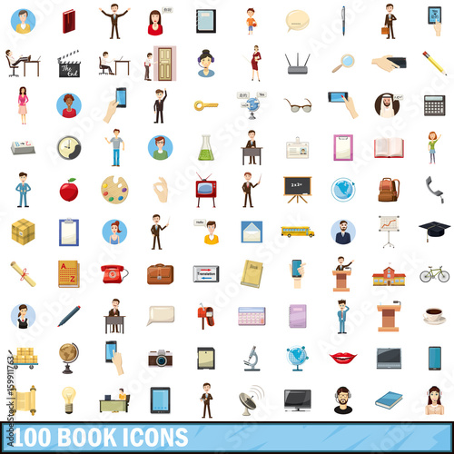 100 book icons set, cartoon style