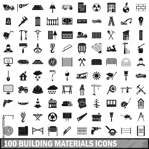 100 building materials icons set, simple style 