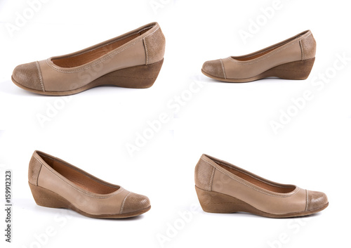 Female Brown Shoe on White Background, Isolated Product, Top View, Studio.