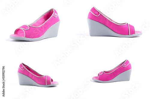 female Pink Shoes on White Background, Isolated Product, Top View, Studio.