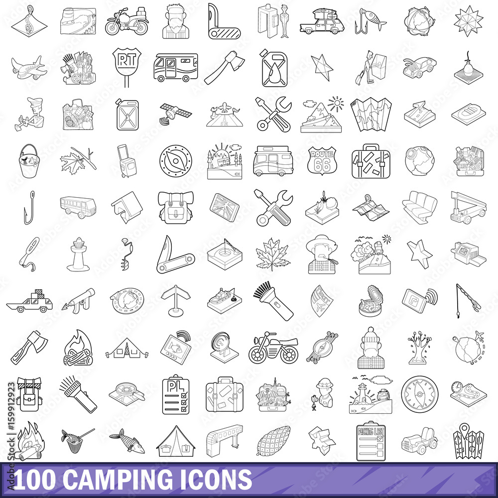 100 camping icons set, outline style