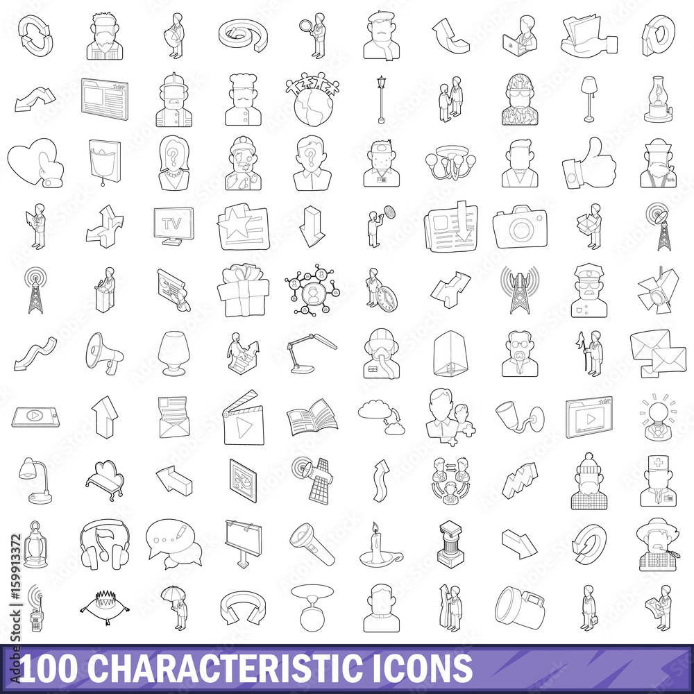 100 characteristic icons set, outline style