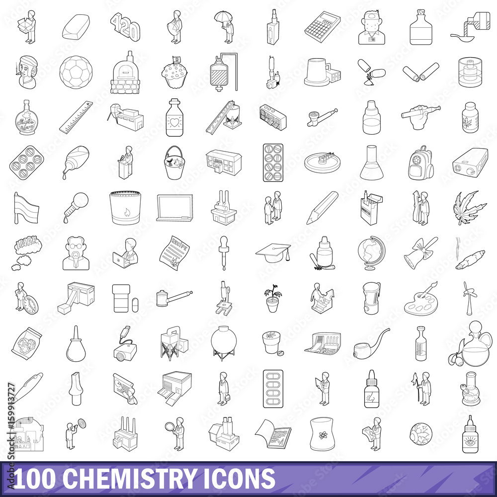 100 chemistry icons set, outline style 100 chemistry icons set, outline style