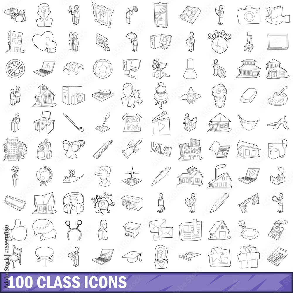 100 class icons set, outline style 100 class icons set, outline style