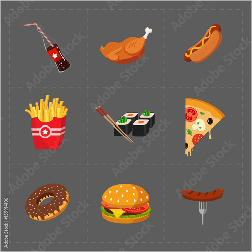 Colorful Fast Food Icon Set on Grey Background photo