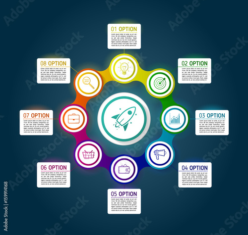 Dark circle colorful chain diagram infographics for presentations. Black infographics background template with 8 options. Metaball circular elements with icons and text blocks