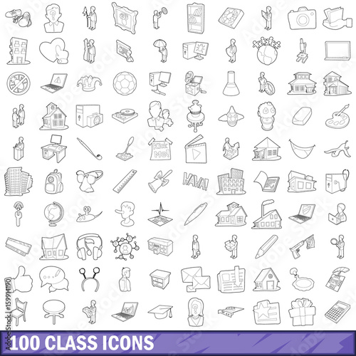 100 class icons set, outline style