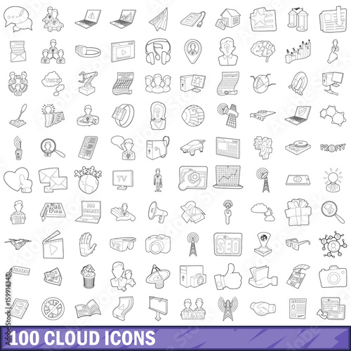 100 cloud icons set, outline style