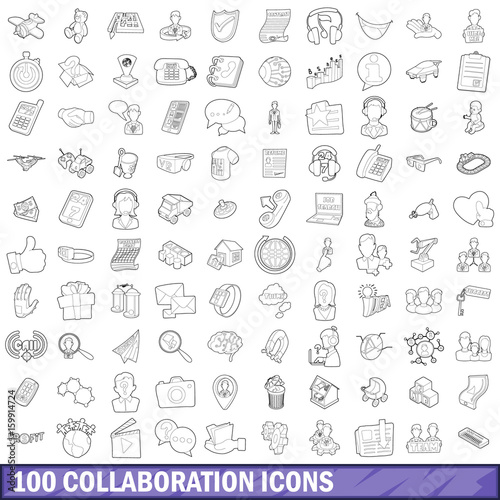 100 collaboration icons set, outline style