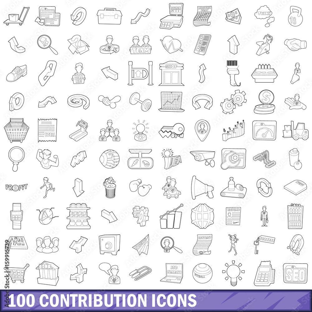 100 contribution icons set, outline style 100 contribution icons set, outline style