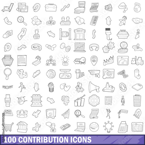 100 contribution icons set, outline style