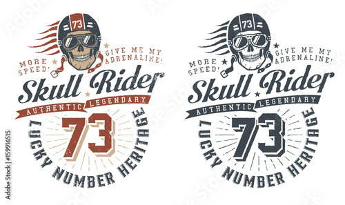 Skull rider in helmet with words in vintage style. Retro hipster emblem, concept. Vector illustration.
Worn texture on a separate layer and can be easily disabled.