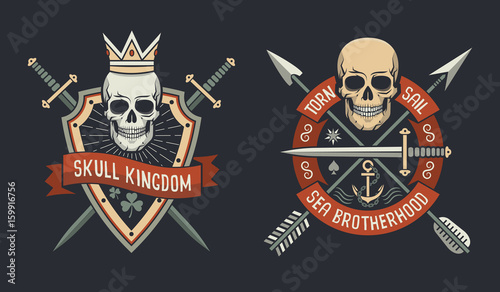 Skulls on shield logos of skull kingdom and sail brotherhood with arrows and swords crossed.  Vector illustration.
