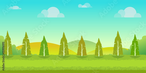Seamless cartoon nature landscape, unending background with trees, hills and cloudy sky layers. Vector illustration for your design.