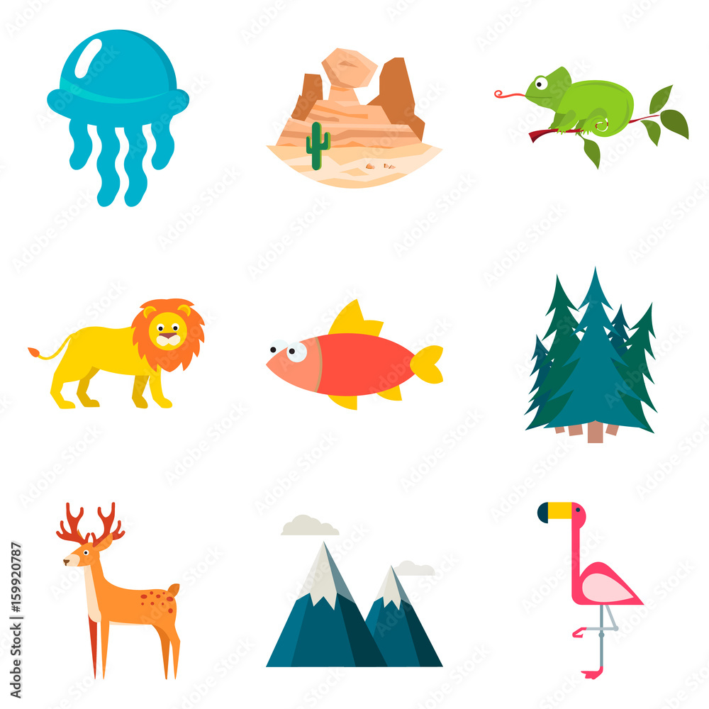 Naklejka premium Set of color nature flat icons for web and mobile design