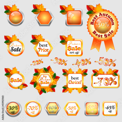 Set of autumn sale stickers with yellow and orange maple leaves in different shapes. Vector illustration