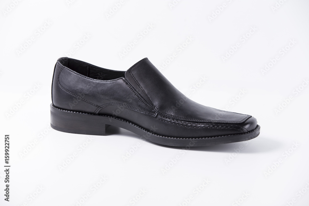 Male Black Shoe on White Background, Isolated Product, Top View, Studio. Male Black Shoe on White Background, Isolated Product, Top View, Studio.