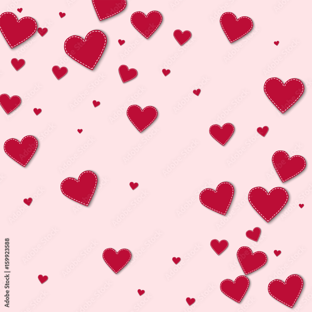 Red stitched paper hearts. Abstract scattered pattern on light pink background. Vector illustration.