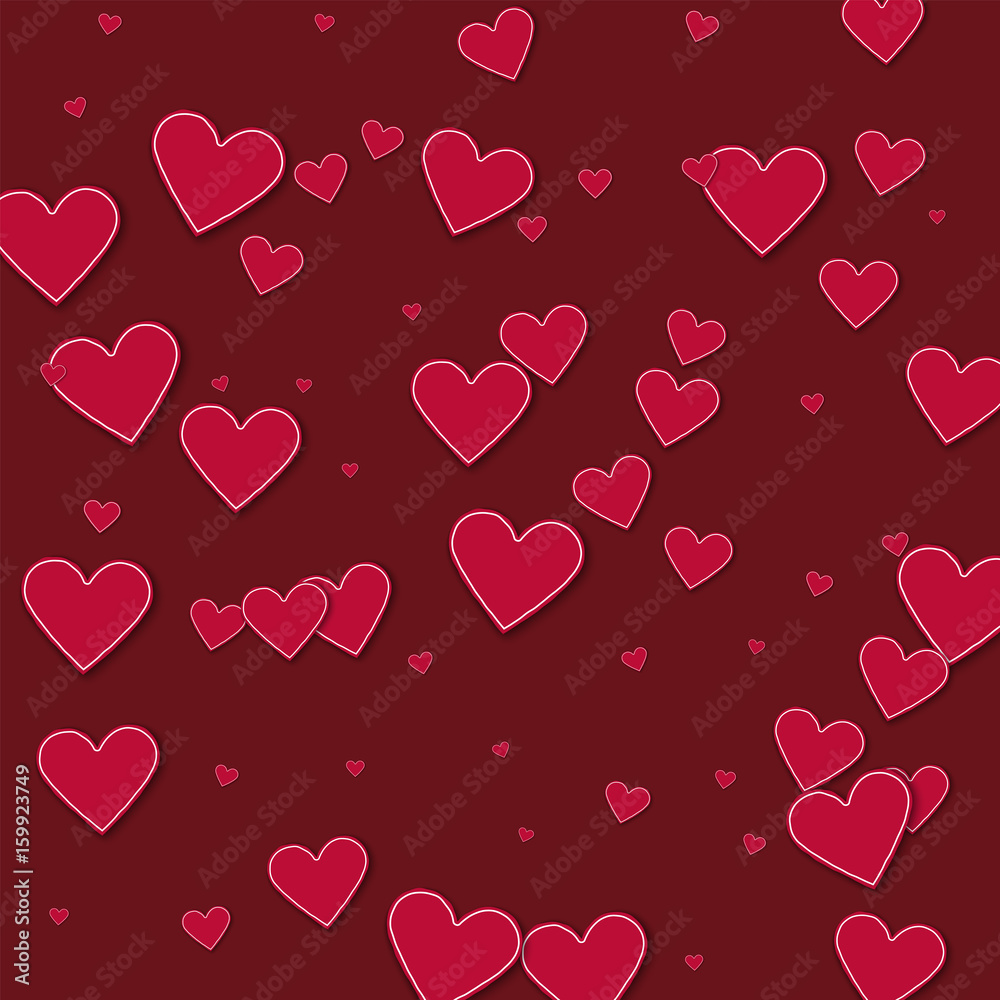 Cutout red paper hearts. Chaotic scatter lines on wine red background. Vector illustration.