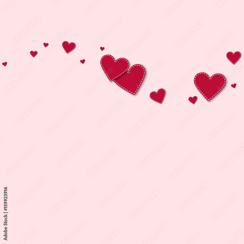 Red stitched paper hearts. Top wave on light pink background. Vector illustration.