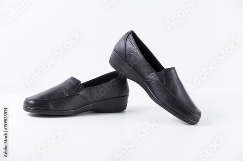Female Black Shoe on White Background, Isolated Product, Top View, Studio.